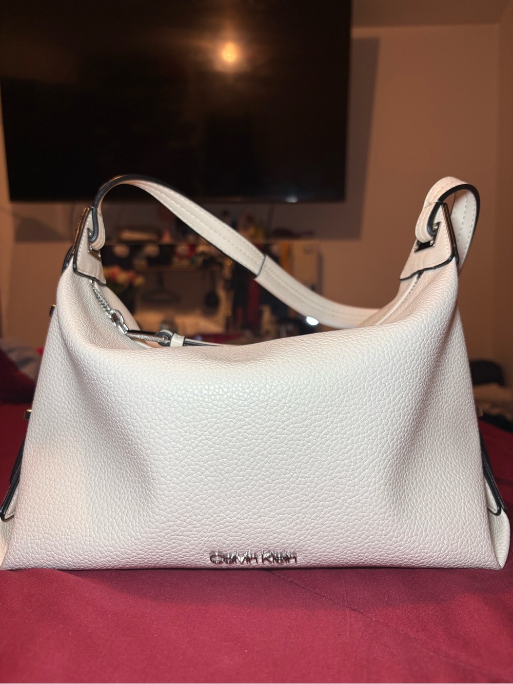 Calvin Klein Off-White Pebbled Leather Shoulder Hobo